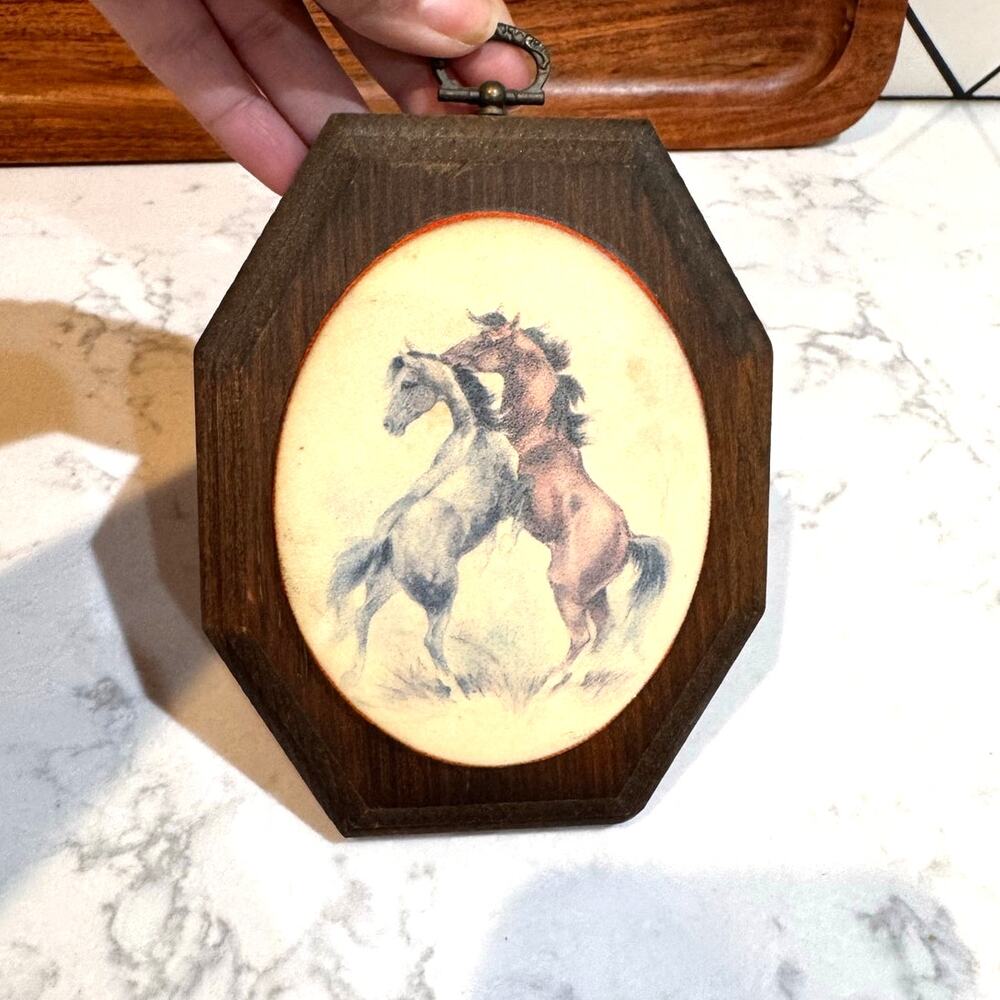 Two wild horses equestrian art wooden plaque 1970s beaded textured micro beads